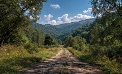 Rustic dirt road winds through lush green valley, framed by trees, leading towards distant mountains under a partly cloudy sky