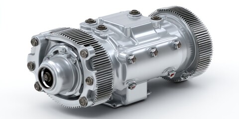 3D render of industrial gearbox housing on white background