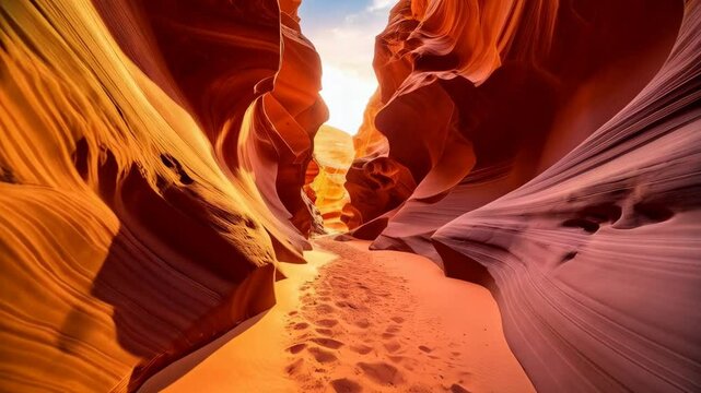 Sandstone canyon landscape with curved red rock walls and a sandy trail leading through a majestic natural formation