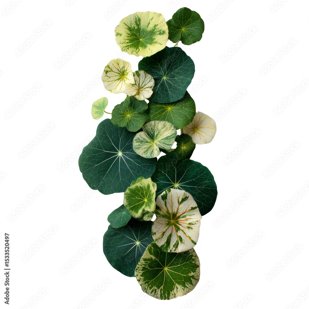 Poster arrangement of nasturtium leaves in varying sizes and color gradients, isolated