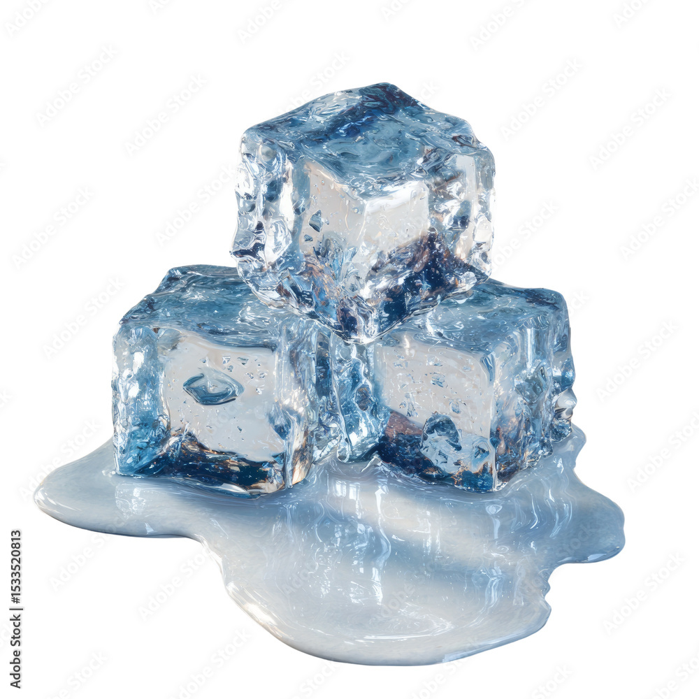 Poster melting ice cubes stacked on top of each other, isolated white background