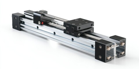 3D render of linear guide rail and block on white background