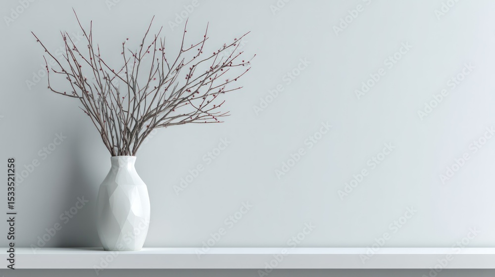 Poster 3d render of minimalist vase with twig arrangement on white background