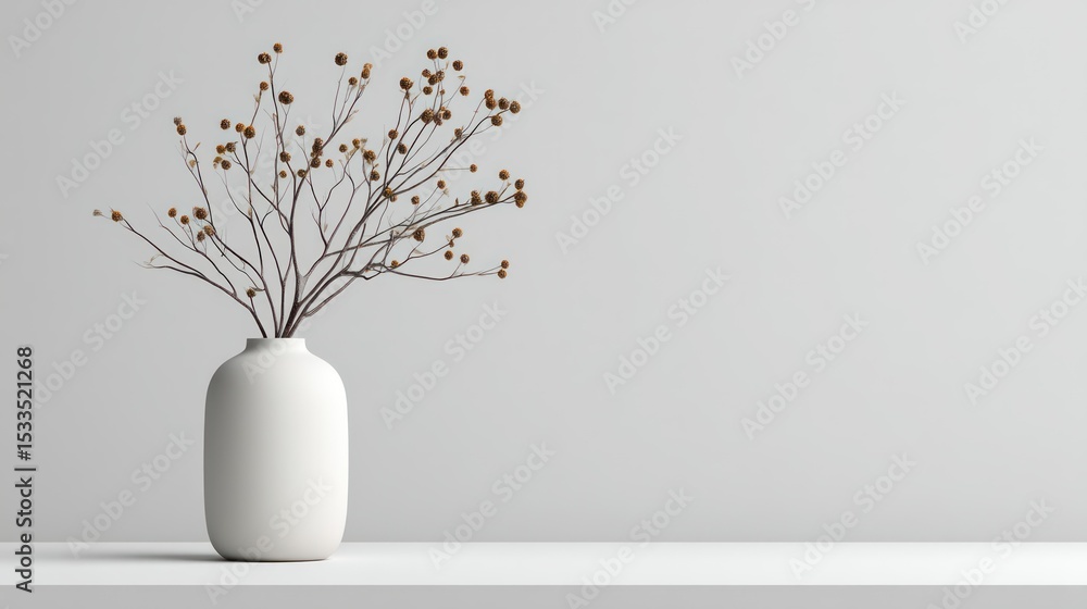 Poster 3d render of minimalist vase with twig arrangement on white background