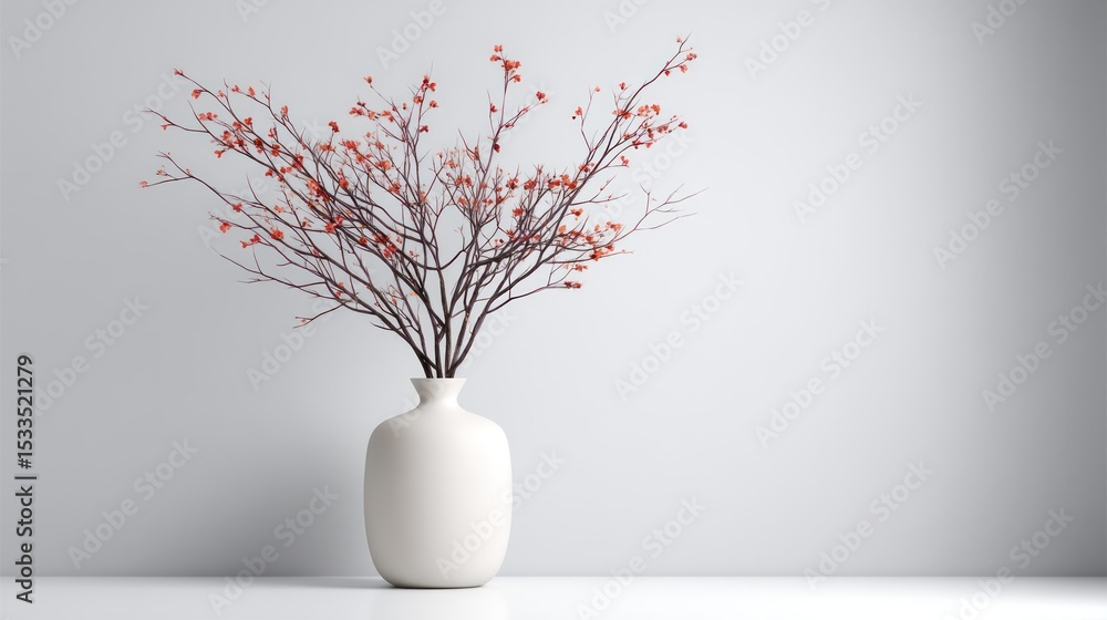 Poster 3d render of minimalist vase with twig arrangement on white background