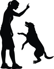 Silhouette vector illustration of a woman training a dog to stand on its hind legs