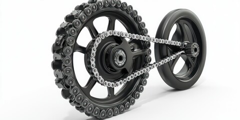 3D render of motorcycle chain and sprocket on white background