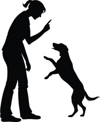 Silhouette vector illustration of a woman training a dog to stand on its hind legs
