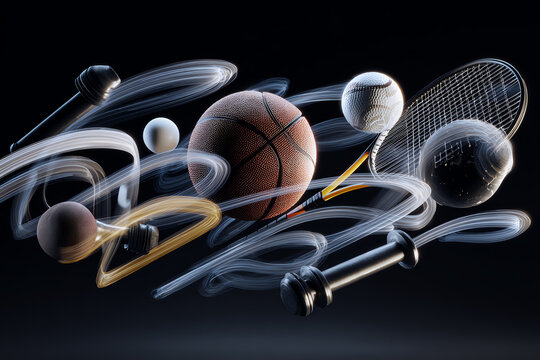 Dynamic arrangement of various sports equipment. - Powered by Adobe