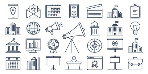 Monochrome Advertising Line Icon Set — Promotion, Branding, and Marketing

