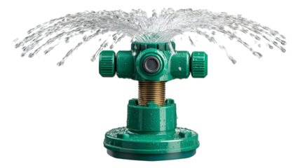 Green rotating lawn sprinkler spreading water across a isolated on white transparent background PNG cutout