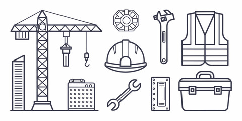 Monochrome Construction and Engineering Line Icon Set — Tools, Structures, and Design

