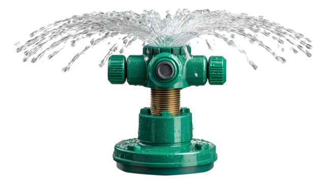 Green rotating lawn sprinkler spreading water across a isolated on white transparent background PNG cutout