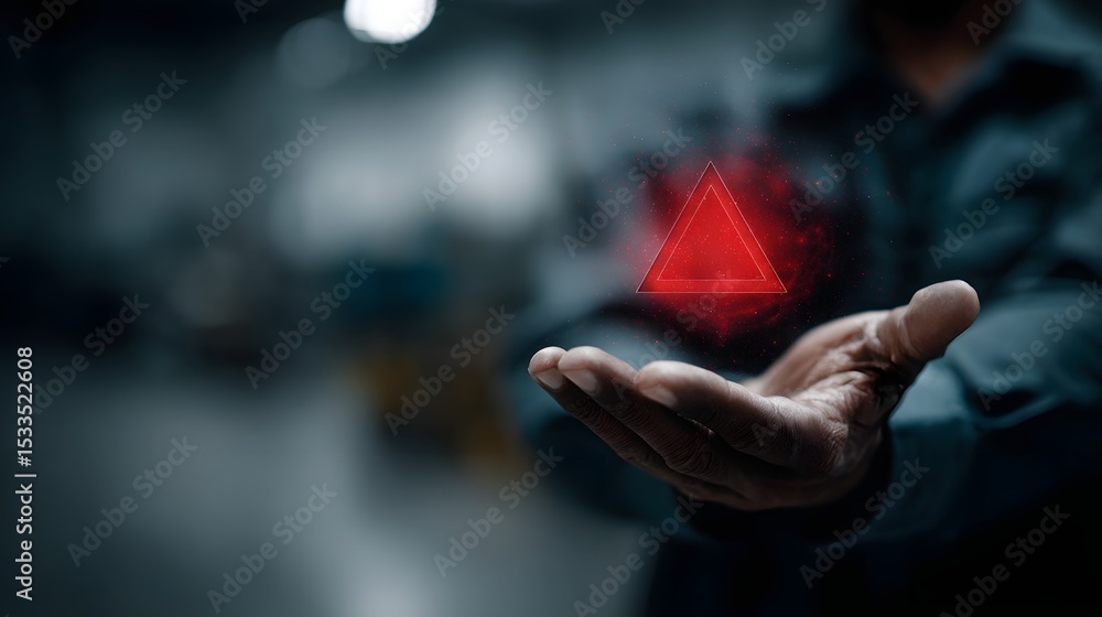 Poster a floating red alert icon appears in the technician s palm in an factory setting