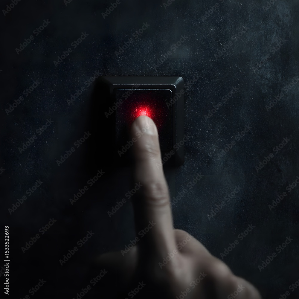 Poster a finger pressing a flashing red indicator on a holographic keypad