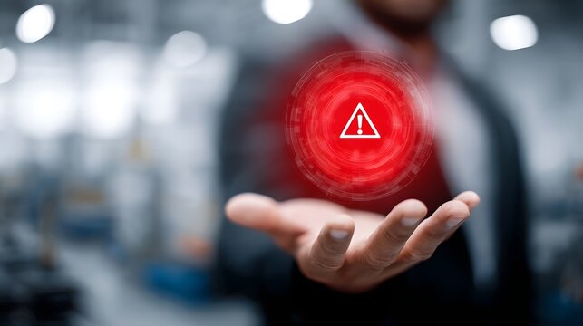 Spinning red alert icon floating over technician s palm in factory - Powered by Adobe