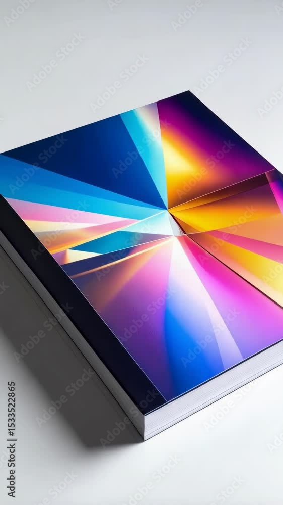 Poster close-up of a book cover with an abstract colorful geometric design featuring triangles and gradient
