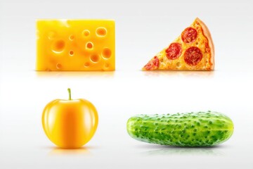 Food illustration, cheese, pizza, plum, cucumber