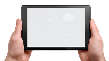 Hands holding a tablet computer with blank screen for advertising digital content and creative design isolated on white transparent background PNG cutout
