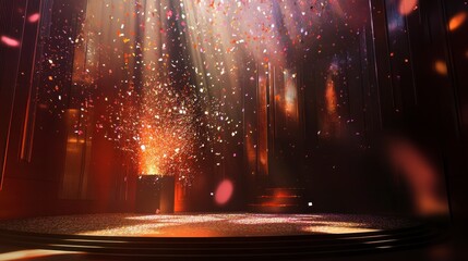 Illuminated stage with confetti falling, spotlight, and warm lighting.