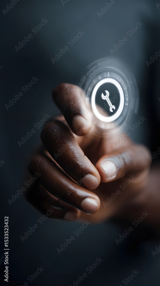 Poster hand touching a circular progress interface with a wrench icon