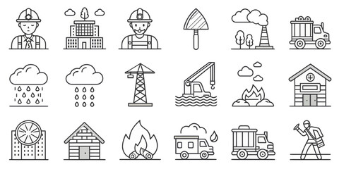 Naklejka premium Monochrome Line Icon Set of Urban Infrastructure, Energy, and Environment