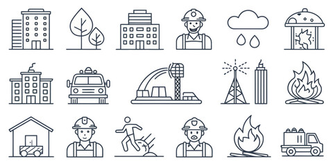 Monochrome Line Icon Set of Urban Infrastructure, Energy, and Environment

