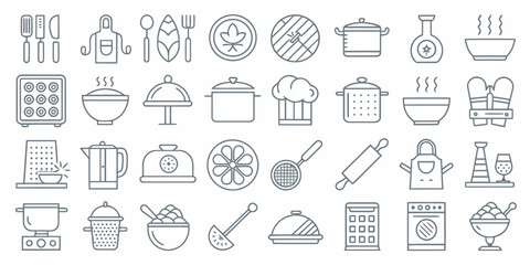 Monochrome Line Icon Set of Kitchen Utensils and Cooking Tools

