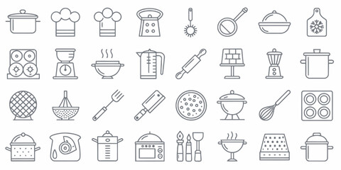 Monochrome Line Icon Set of Kitchen Utensils and Cooking Tools

