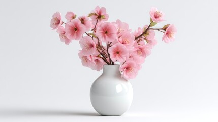 3D render of vase with artificial cherry blossoms on white background