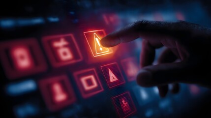Human hand swiping through warning icons on a virtual control panel