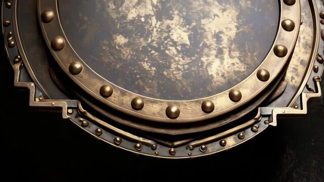 Ornate metallic shield with weathered texture and intricate rivet details, ideal for backgrounds or heraldic designs.