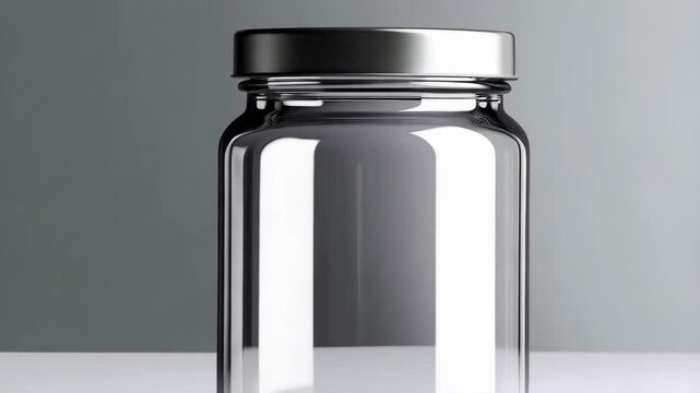 Studio shot of an empty clear glass jar with silver metal lid on light gray backdrop