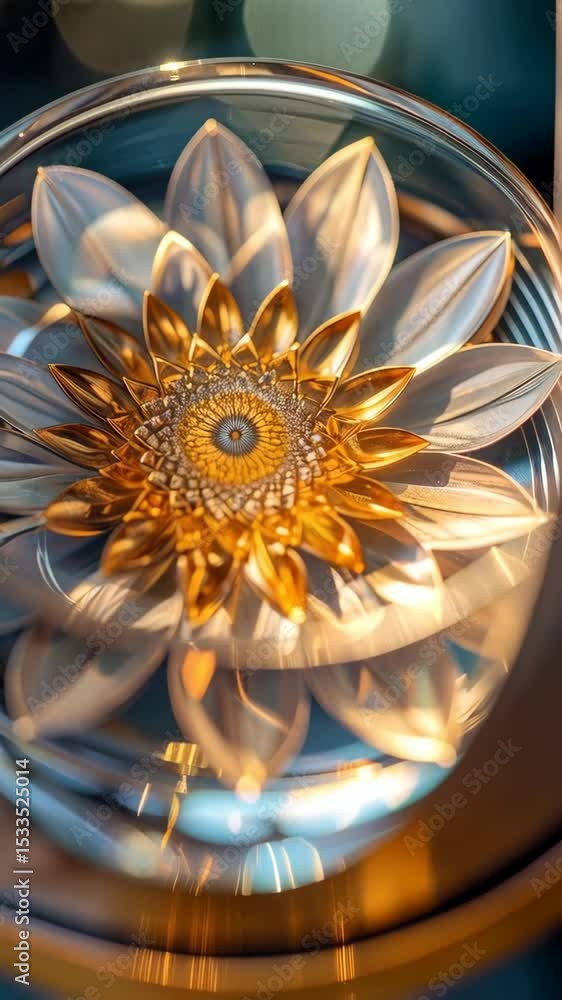 Poster close-up of an artificial flower floating inside a clear glass container with golden and light blue 