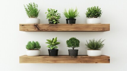 Fototapeta premium 3D render of wooden wall shelf with planters on white background
