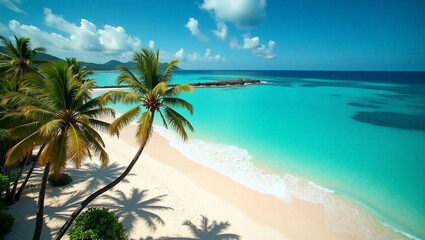 Tropical palm trees line the beautiful white sand beach with the clear blue sea, an island paradise for a relaxing summer vacation
