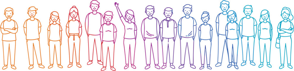 Diverse group of people standing together, rainbow outline style, community concept, team unity, inclusive flat vector illustration drawing
