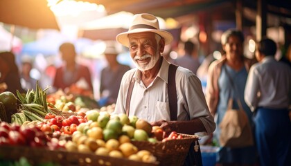 Fototapeta premium Elderly man smiling at a vibrant market stall
