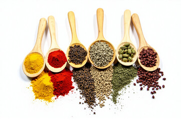 Group of wooden spoons filled with different types of spices, including cumin, on a white background.