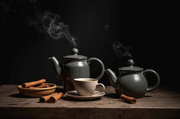 Fototapeta premium Wooden table with teapots and cups of tea, a saucer, and a bowl of cinnamon sticks
