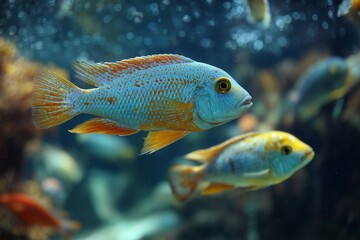 Obraz premium Close up of a blue and orange fish swimming in an aquarium with other fish in the background view
