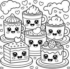 A cozy and cute collection of kawaii treats! This delightful coloring page features smiling mugs of cocoa, happy cake slices, and sweet desserts, all gathered together and surrounded by loving hearts.