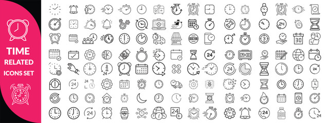 Set of time related line iconsTime Line Editable Icons set. Vector illustration in modern thin line style of clock related icons: timer, stopwatch, alarm, and more. Isolated on transparent background.