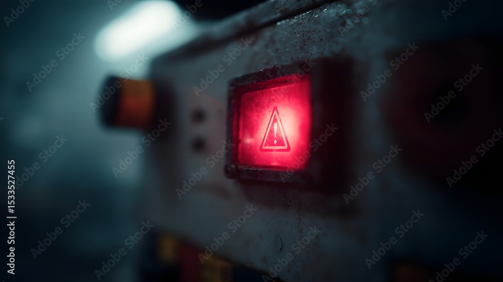 Poster a red danger icon blinking on a robot control panel in a dark laboratory