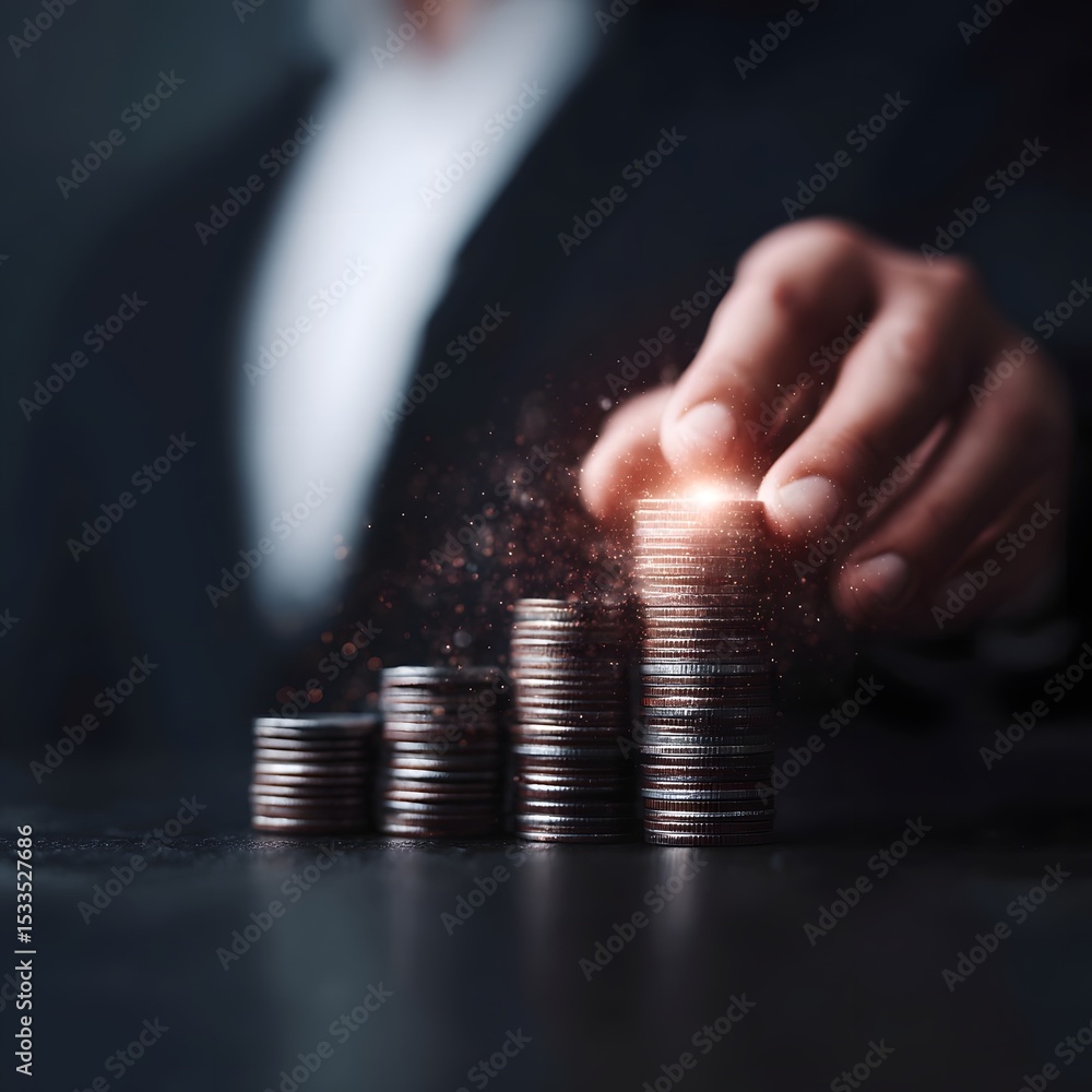 Poster businessman s hand hovering over a stack of coins with data trails