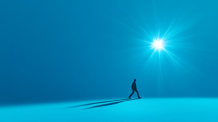 Silhouette of a person walking towards a bright light in a blue gradient space