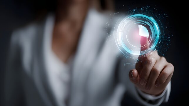 Holographic financial data analytics interface controlled by a professional woman