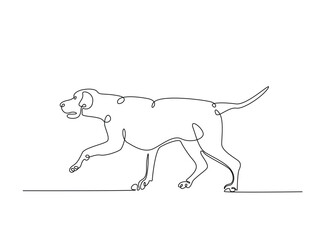 Dog sitting in single outline illustration. Continuous line art drawing of woman cute dog. Editable stroke.