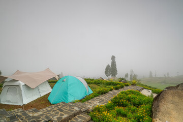 Misty Campsite on a Foggy Hill