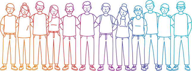 Diverse group of people standing together, connected with arms, rainbow outline style, teamwork unity, inclusive community vector illustration